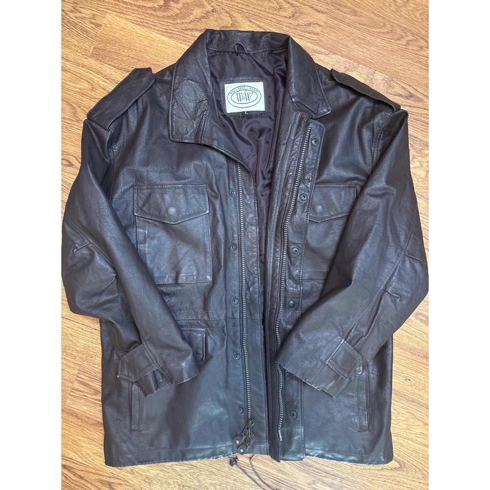 Willabee & Ward Mens Brown Genuine Leather Field Jacket Quilted Lining Large